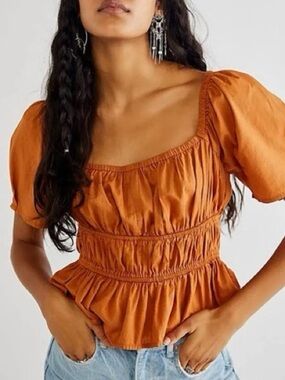 Free People Smocked Peplum Puff Sleeve Tie Back Top Boho Medium rustic color